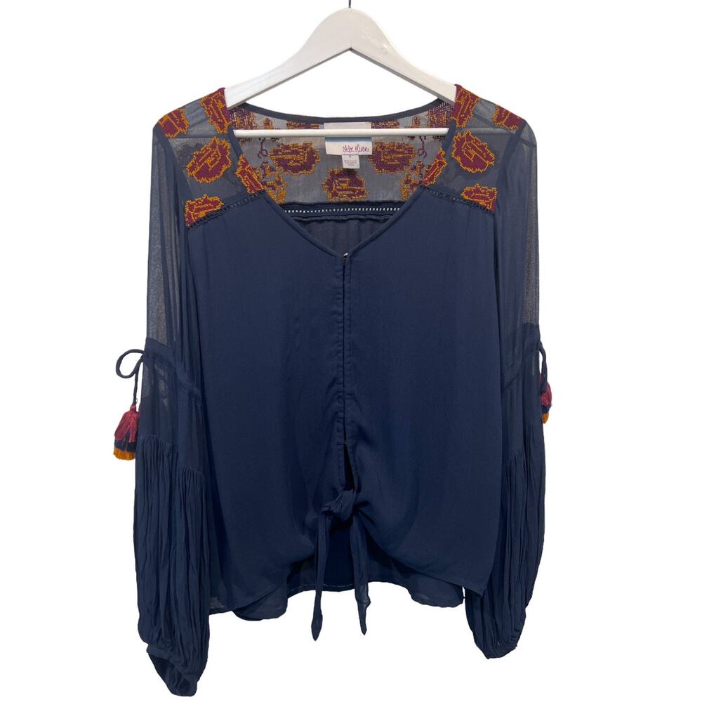 Chloe Oliver Top Wmns Small Embroidered Blouson Tassel Sleeve Lined Boho Blouse